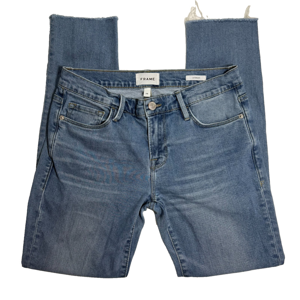 FRAME Le Garçon Jeans Women’s 26 Medium Wash Relaxed Slim Boyfriend Raw Hem